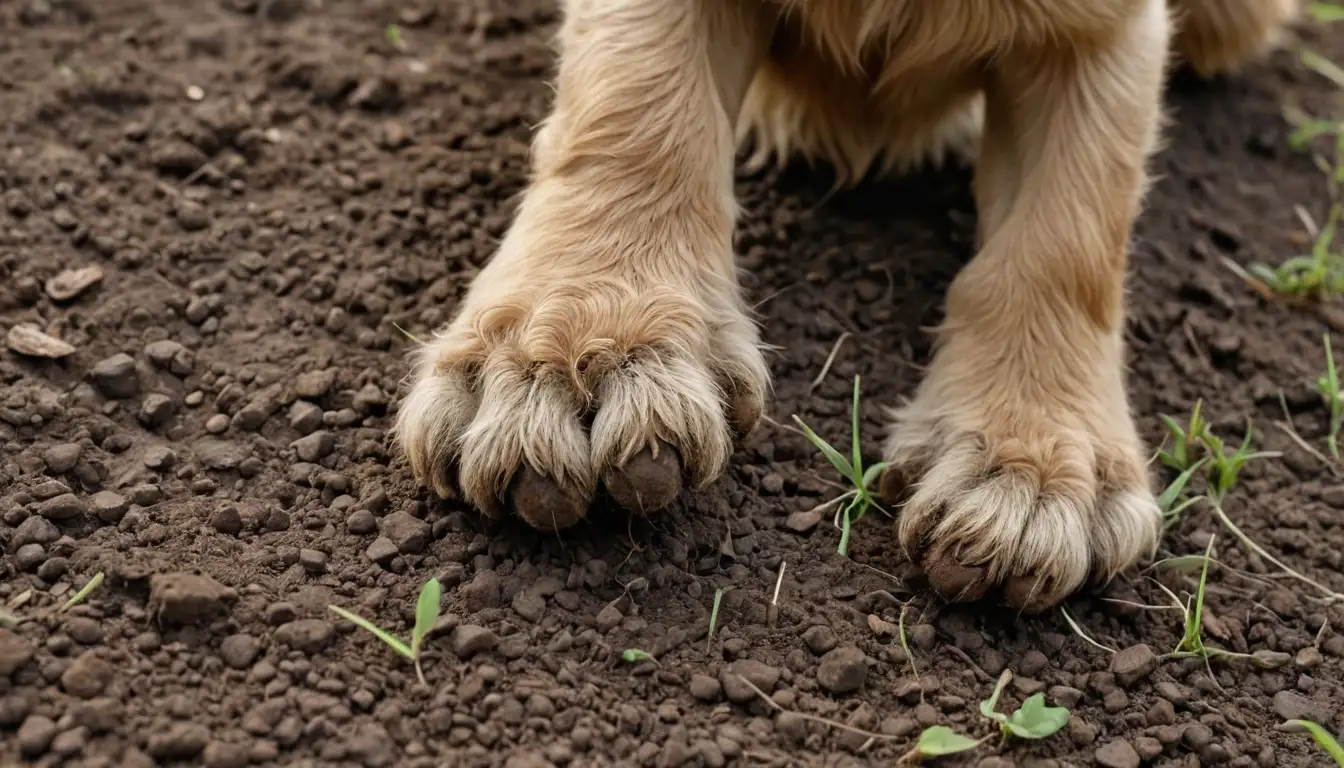 Dogs, scratching, dirt, paws, grass, outdoors, natural environment, earth, terrain, soil, brown color, textures, patterns, close-up shot, macro view