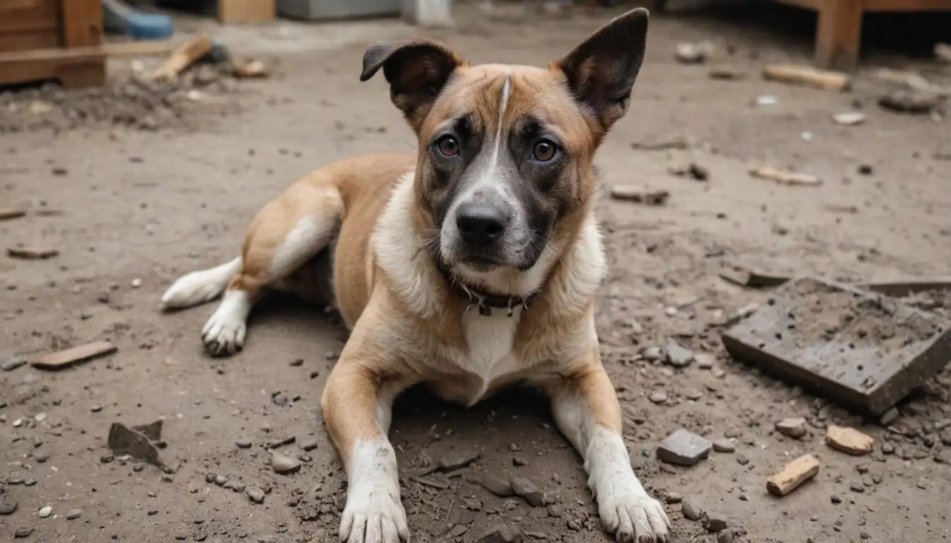 A bored-looking dog with a tilted head, sitting on a scratched floor, surrounded by dirt and debris, with a paw lifted off the ground, showing nails ready to strike again, amidst scattered toys or treats