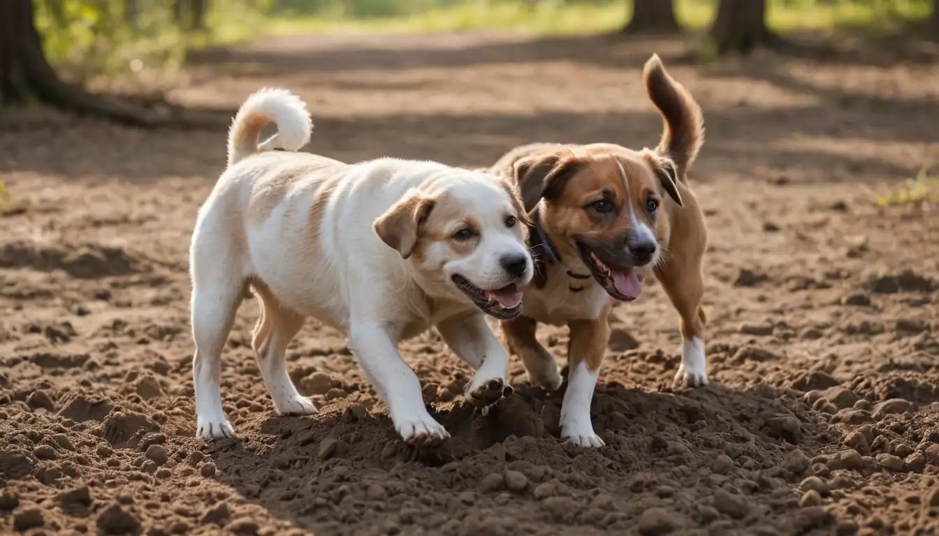 happy dogs digging paws into dirt, brown soil texture, natural habitat, sunny background, blurred trees, playful atmosphere
