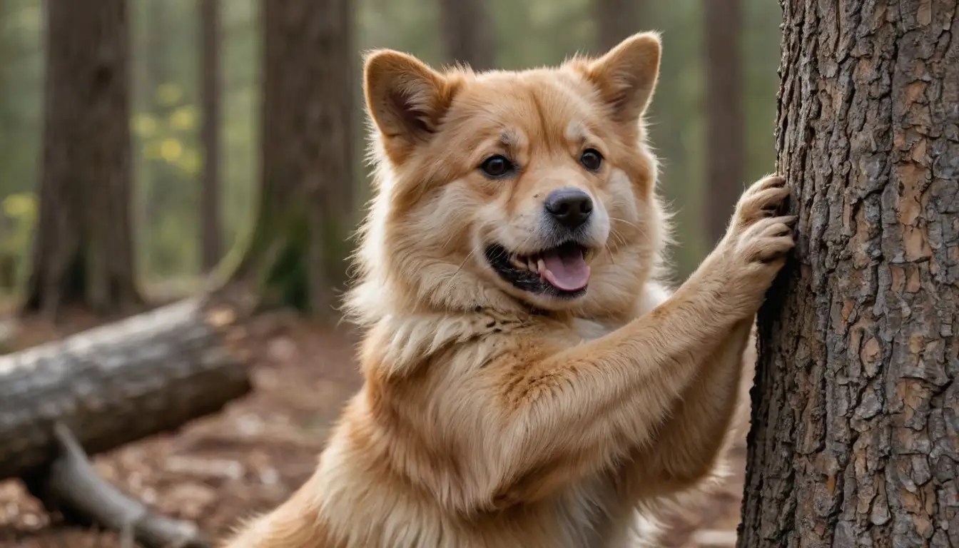 4-legged canine, golden fur, curious expression, paws outstretched, scratching post or tree in background, rough textured bark, torn and worn from constant use