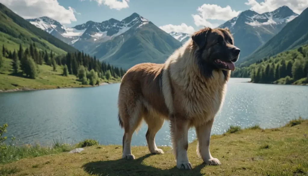 A rugged mountain landscape with a majestic Caucasian Shepherd dog standing tall