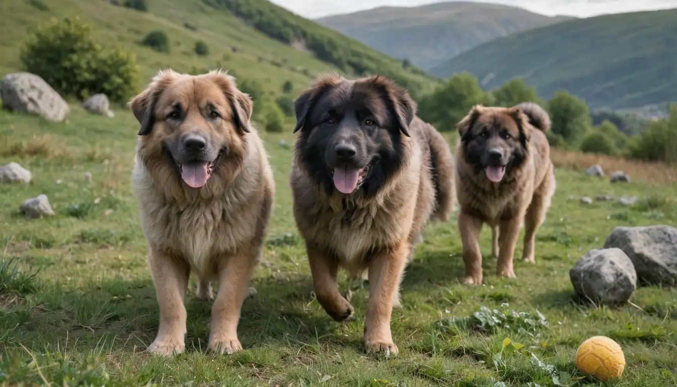 3-4 Caucasian Shepherd Dogs in a natural environment, such as a field or mountain landscape, with some foliage or rocks, one possibly interacting with a ball or toy, another looking directly at the camera, and others in a relaxed or playful posture