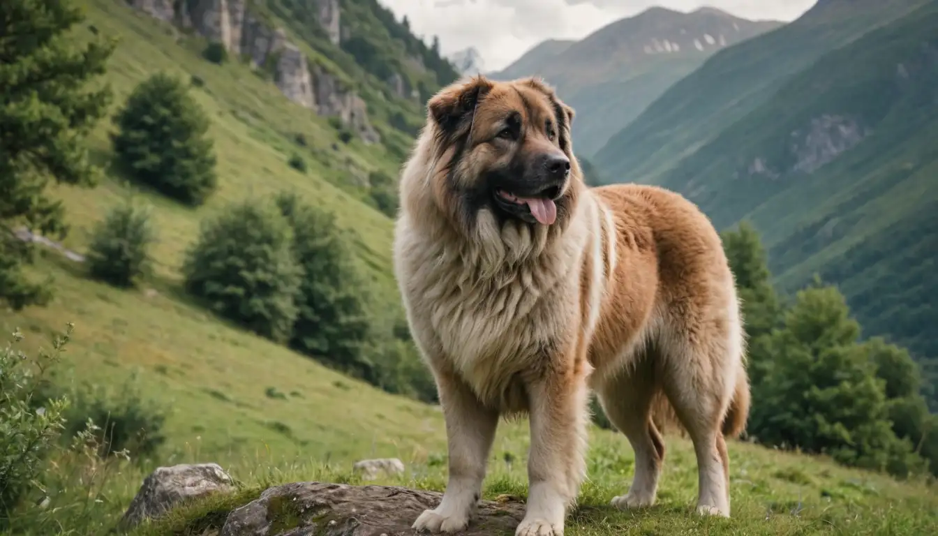 A majestic Caucasian Shepherd dog standing proudly, coat shining with a golden sheen, set against a rustic mountainous backdrop, surrounded by lush greenery and possibly some sheep or other livestock, conveying strength, loyalty, and a hint of wildness