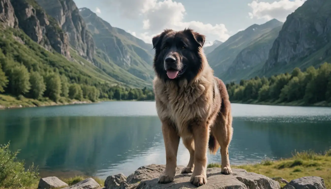 A majestic Caucasian Shepherd Dog breed standing proudly outdoors, with a rugged mountainous landscape in the background, featuring a serene lake or valley, possibly surrounded by trees or rocky formations, conveying a sense of grandeur and serenity