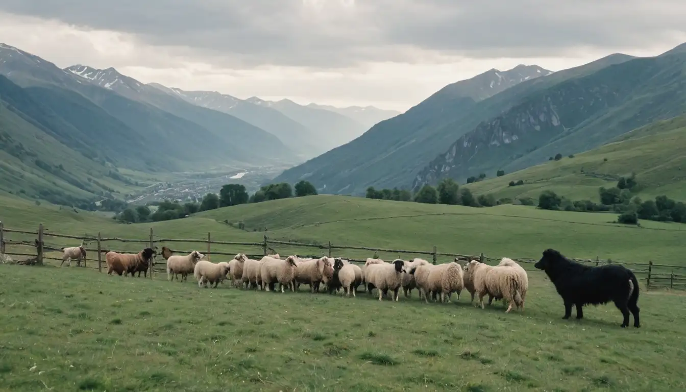 a scenic landscape with grazing Caucasian Shepherd dogs, sheep or goats in a natural setting, serene mountains or hills in the background, rustic fencing or terrain, possibly a shepherd holding a staff or herding dog nearby