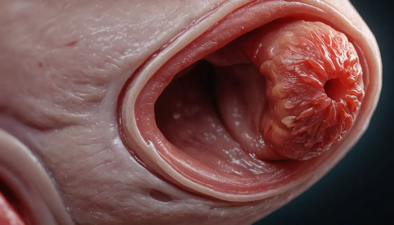3D illustration of dogs ear with red fluid draining from otahemotoma, damaged cartilage and tissue surrounding lesion, subtle bone structure visible beneath