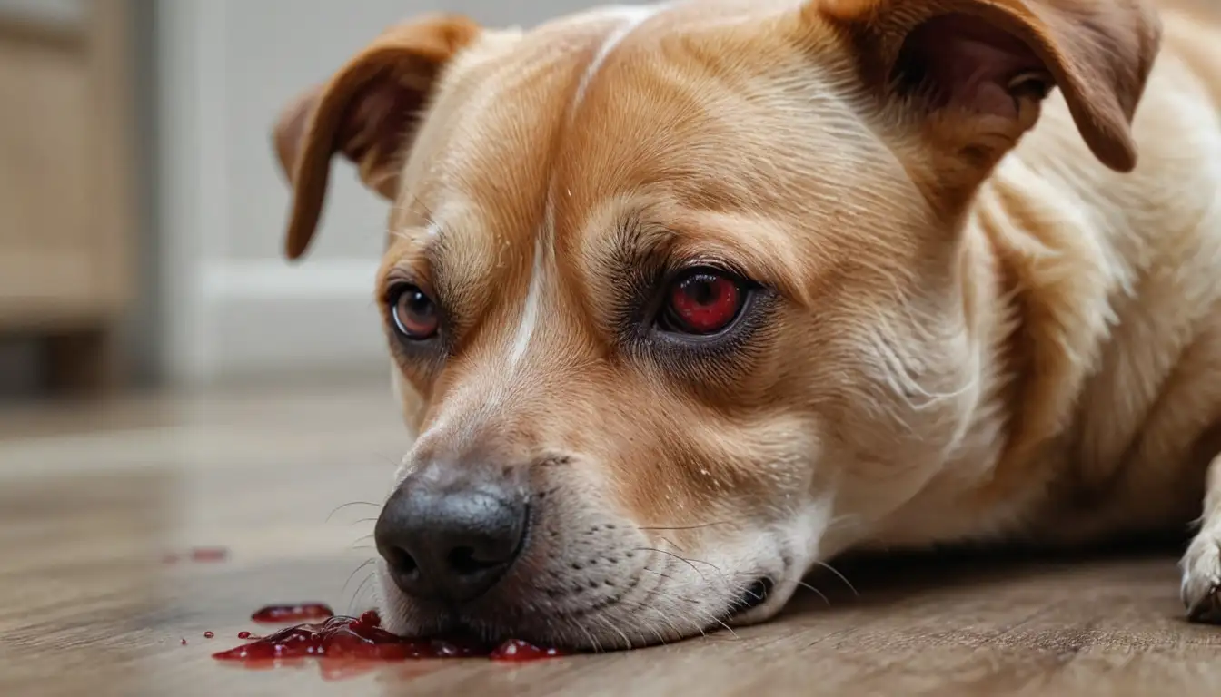 3D illustration of a dogs ear with bleeding or swelling, dogs face expressing pain or discomfort, possible blood droplets around the ear or on the floor, blurred background to focus attention on the ear and surrounding area