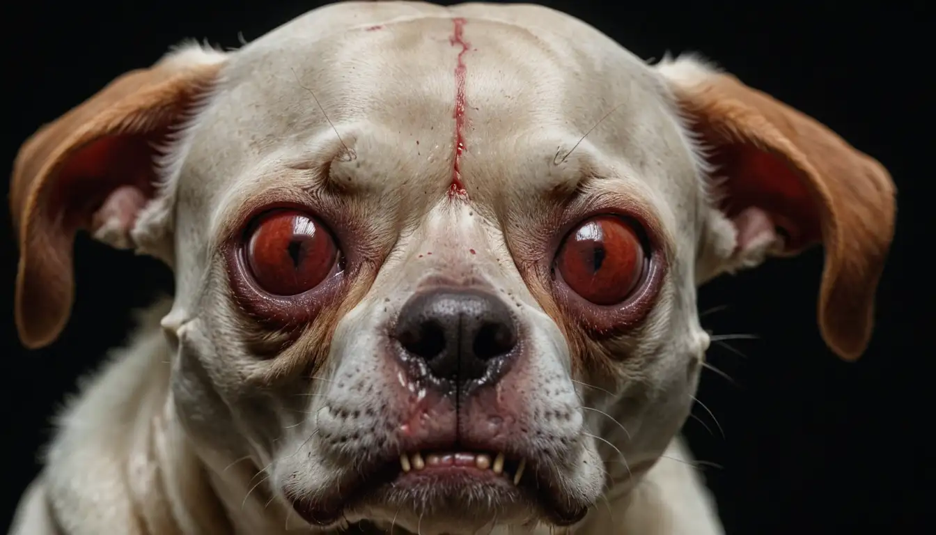 3D image of a dogs skull, petechial hemorrhage, blood-filled ears, darkened conjunctiva, red and swollen eyes, droopy ear canal, bruise-like spots on the face, head tilted back