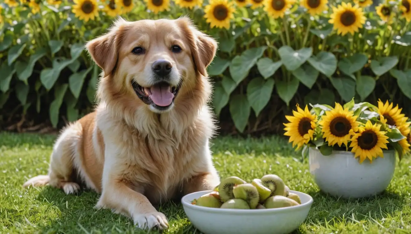 A happy dog with shiny coat, sitting next to a bowl of kiwi fruit, surrounded by lush green grass and bright sunflowers, conveying joy and health, with the kiwi and dog positioned to emphasize the relationship between them