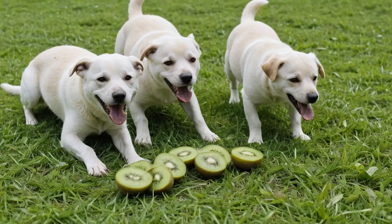 4-6 adult dogs eating sliced kiwi fruit in a green grassy field, some with happy expressions