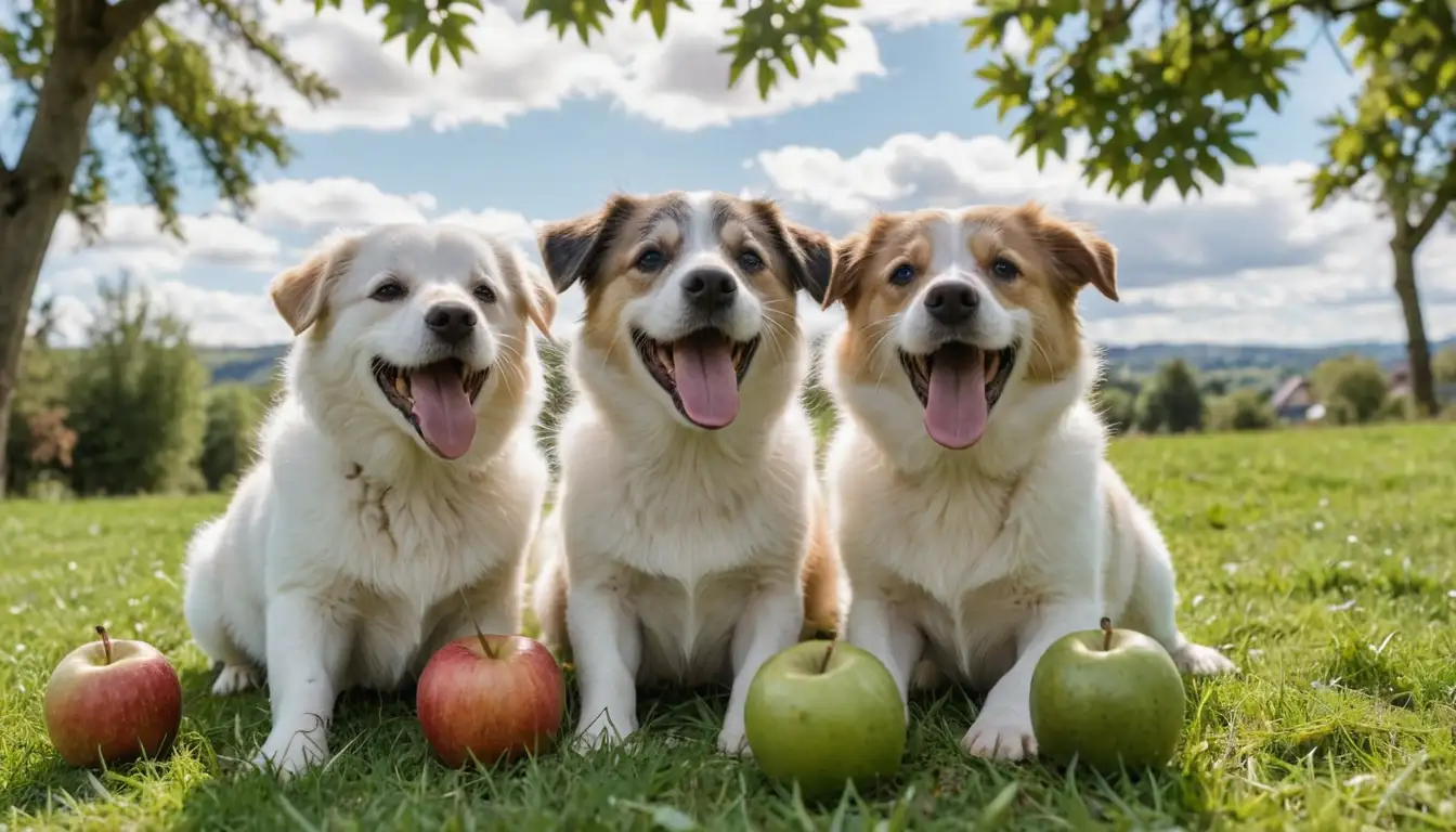 3 happy dogs sitting on grass, kiwis and apples scattered around, a sunny sky with fluffy white clouds, a few green leaves in the background, one dog holding a small kiwi in its mouth, another sniffing an apple