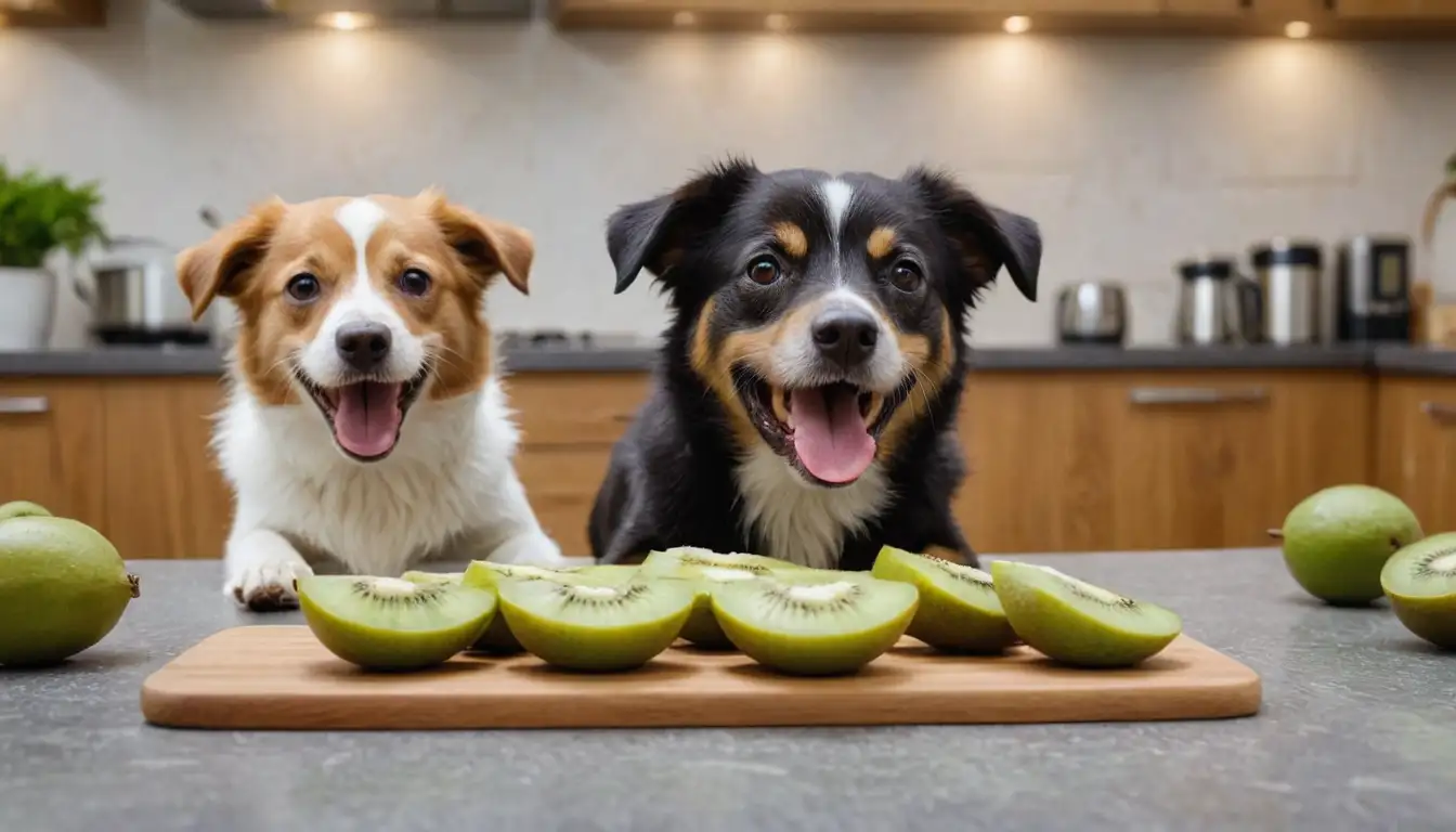2 dogs, a kiwifruit slice, kitchen countertop, playful atmosphere, happy expressions