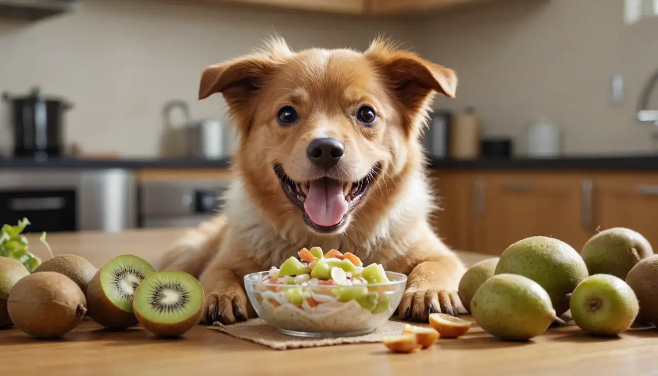 3D illustration of happy dog, colorful kiwis, digestive system, fibers, and a bowl of food, with a playful tone
