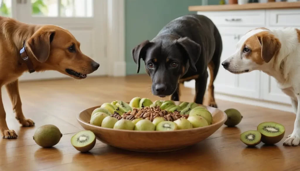 3 curious dogs around a kiwifruit bowl on a wooden table