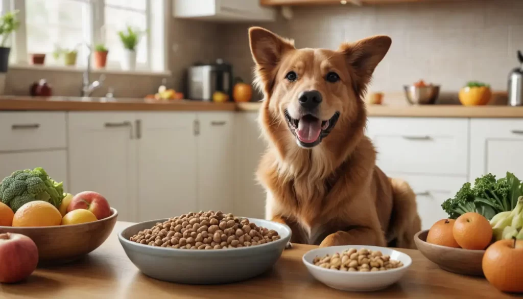 A warm-toned illustration of a happy dog surrounded by wholesome food elements