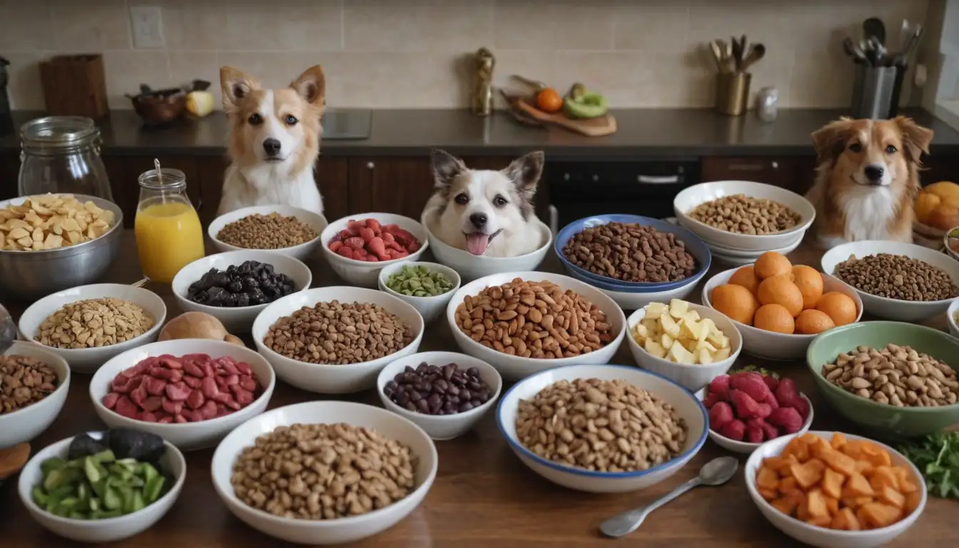 Dogs, healthy food, plates, bowls, kibble, treats, fruits, vegetables, nuts, seeds, meats, cheeses, oils, spoons, forks, knives, whisks, pet bowls, mealtime, feeding, nutrition, canine health