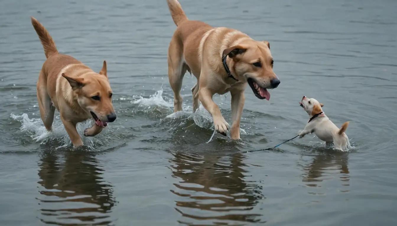Dogs eating fish, happy dogs playing with fishing nets, fish swimming in calm water, seafood platters, dog treats shaped like fish, fish oil droplets, etc