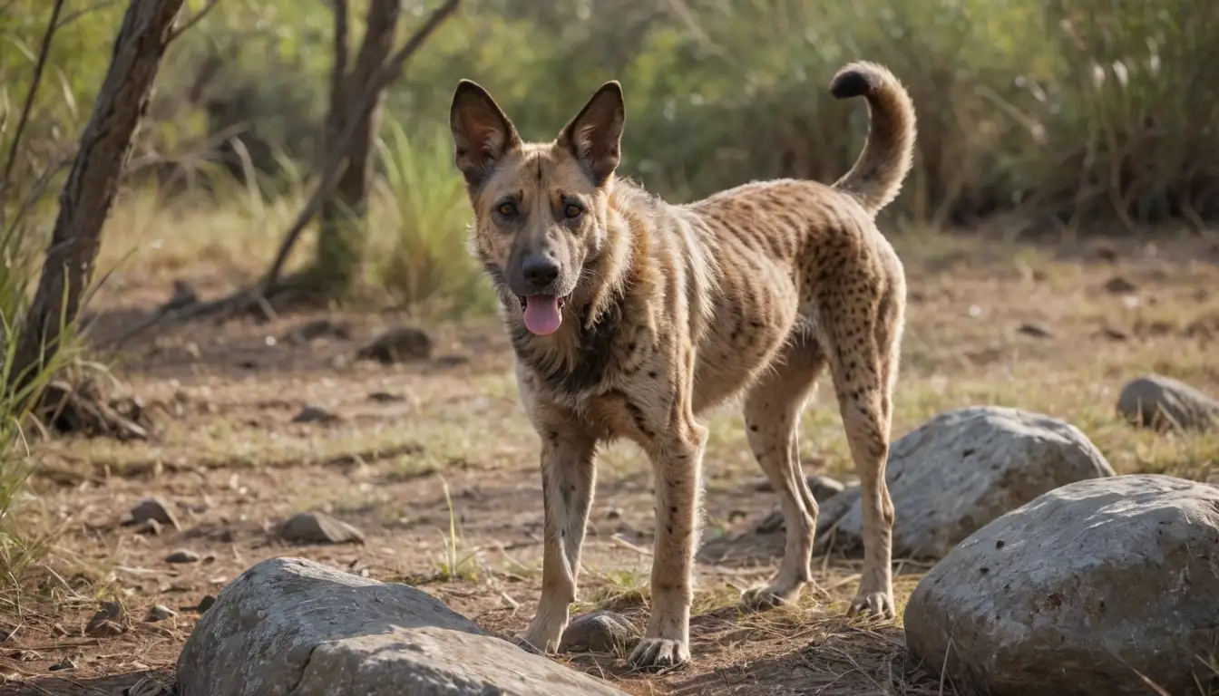 African-inspired savannah setting, wild dog-like dog breed, curly tail, erect ears, short coat, freckled or ticked fur, alert expression, playful posture, natural surroundings such as grasses and trees, maybe a few rocks or sticks nearby