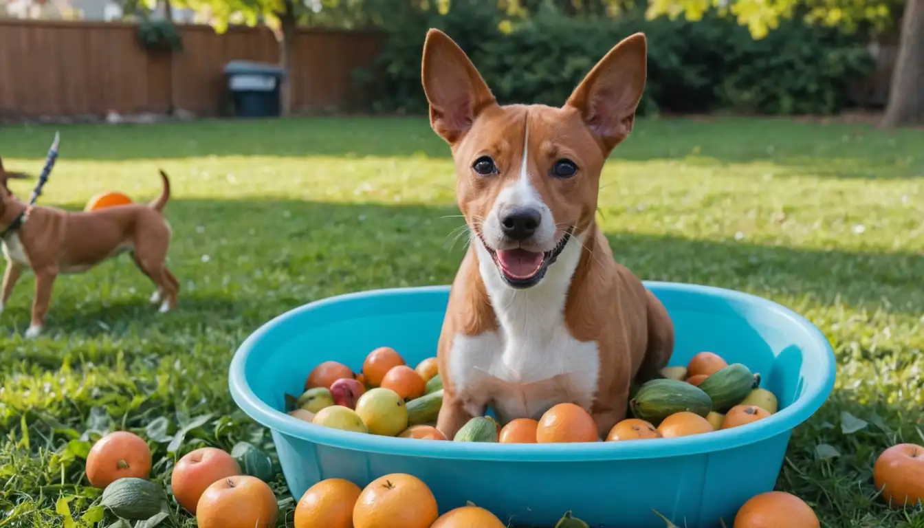 happy Basenji puppy, surrounded by fruits and veggies, playing fetch in a park, with a person grooming its ears, near a dog bath tub, having fun with agility obstacles