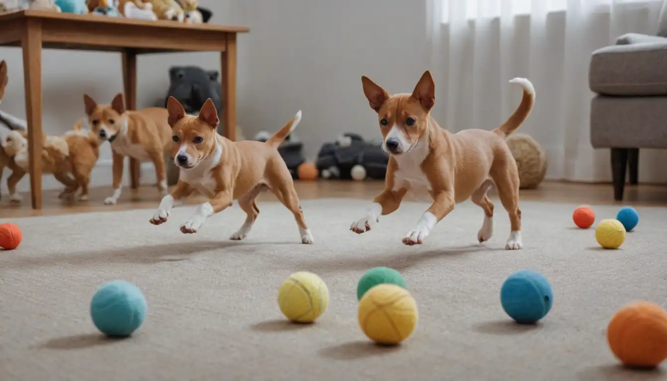 3-5 playful Basenji puppies, jumping, running, chasing each other, surrounded by toys, balls, and possibly a few stuffed animals