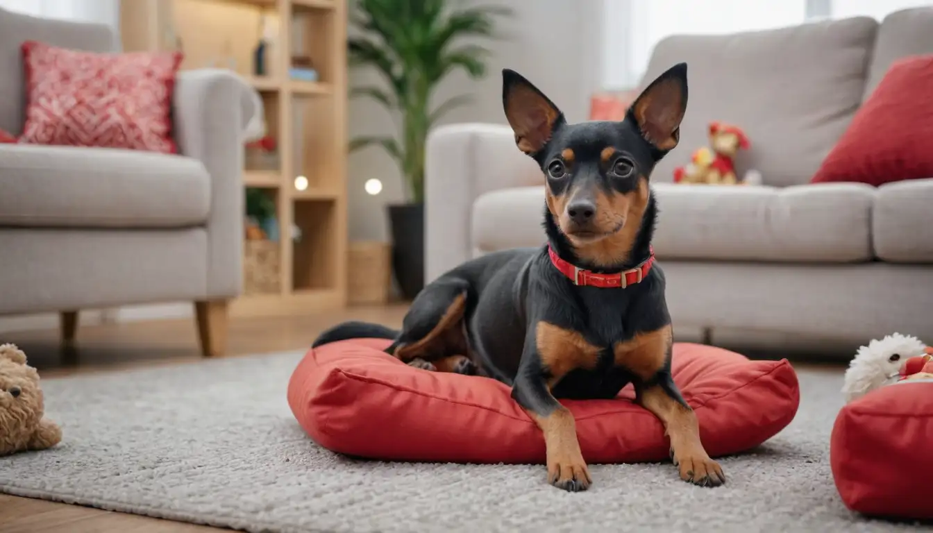 A miniature Pincher dog with a curly tail, sitting on a soft cushion, wearing a red collar and a friendly expression, surrounded by toys and treats, in a cozy living room setting