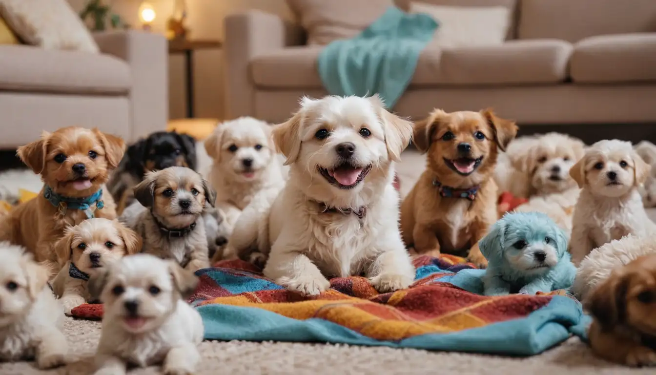 4-5 miniature dogs, different ages, playing, sitting, cuddling; one or two humans in background, smiling, gentle; toys, blankets, treats; bright colors, soft lighting; happy, playful atmosphere