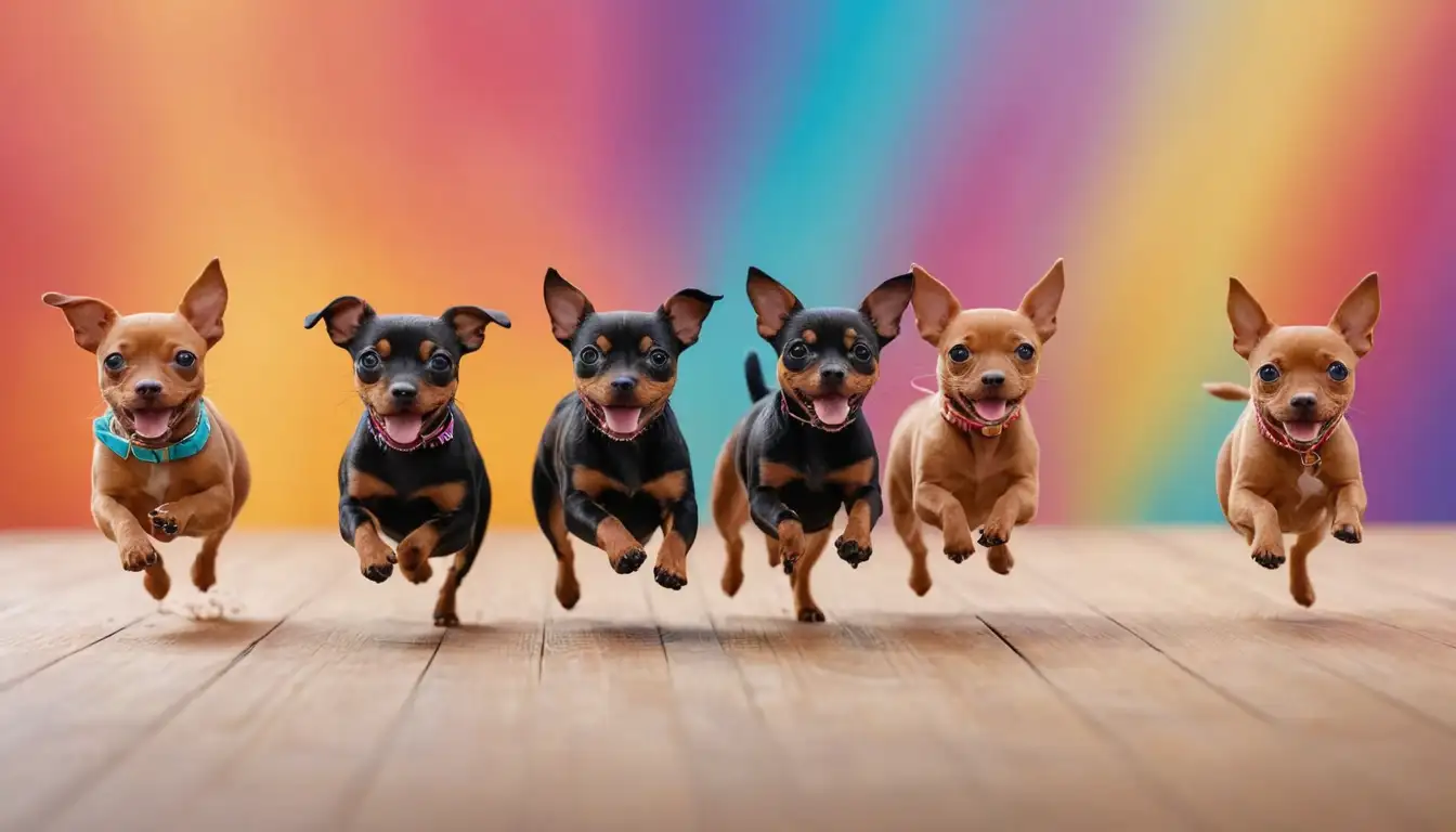 2-3 miniature Pinschers in various playful poses, such as running, jumping, or cuddling, set against a bright and colorful background, with soft focus to highlight textures and details