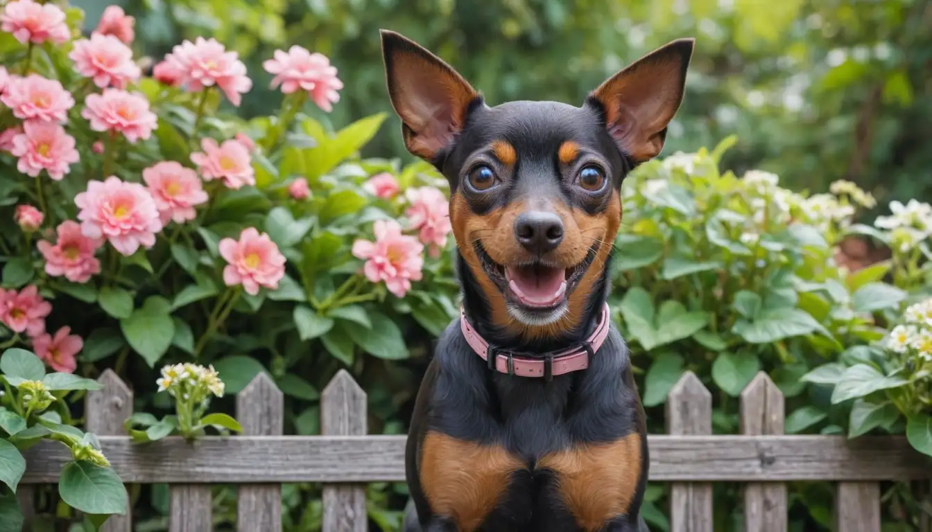 A miniature Pinscher dog breed illustration, curly coat texture, big eyes, smiling face, surrounded by flowers, green leaves, and wooden fences, calm atmosphere, pastel colors