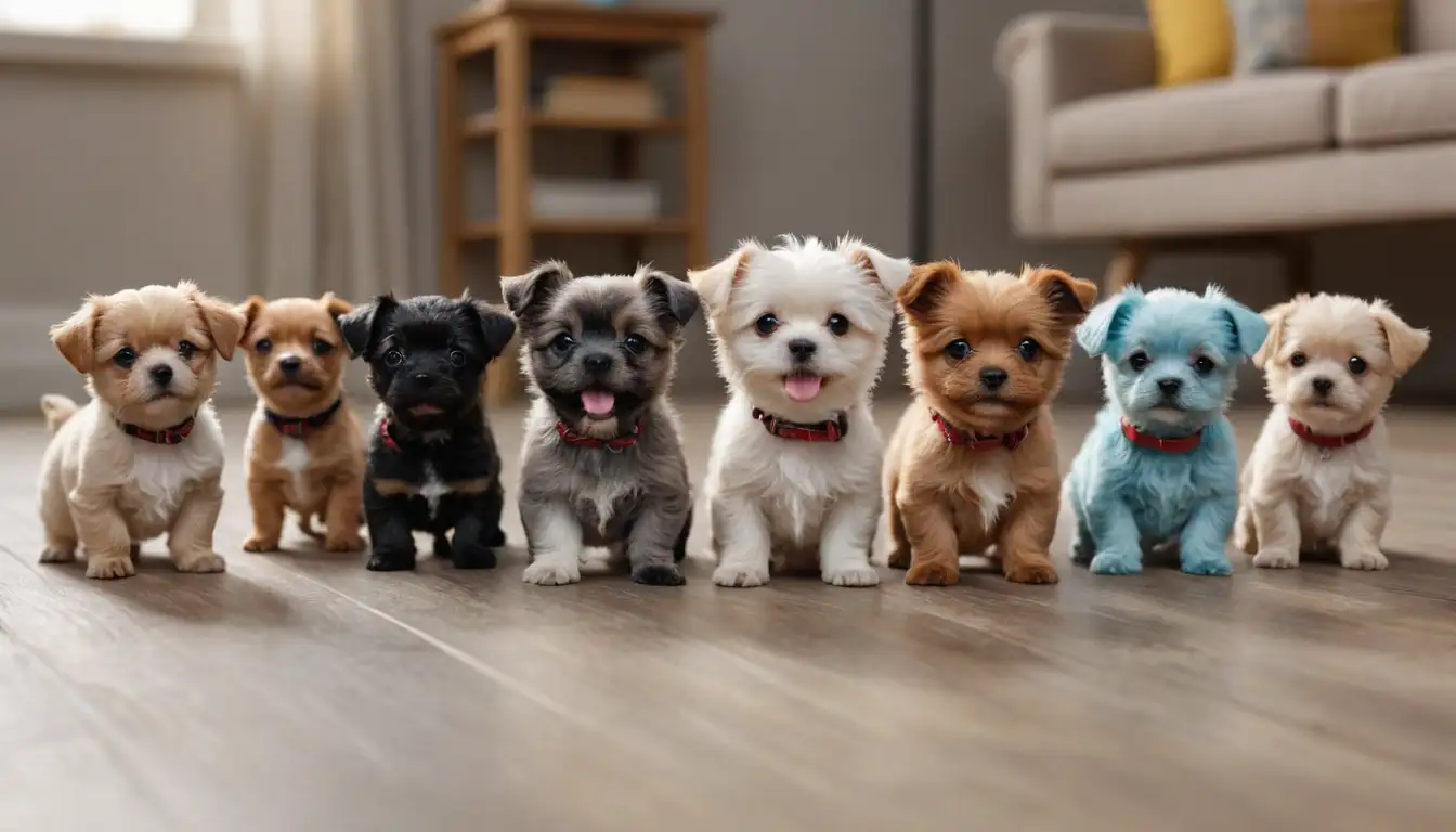 2-3 miniature dogs with different coat lengths and colors, playful and energetic expressions, interacting with each other or a toy, background blurred to emphasize the dogs, natural light setting, warm tones