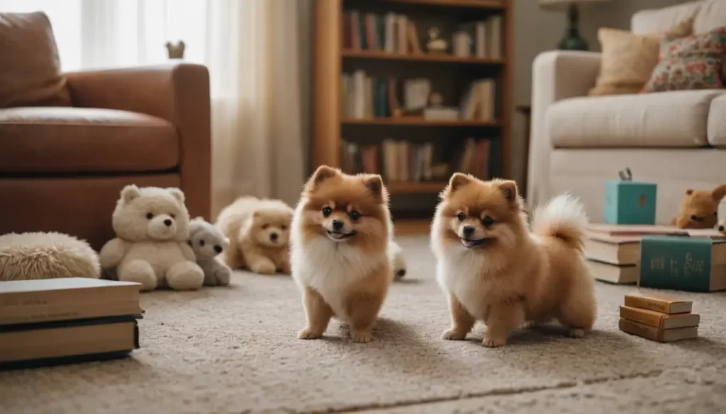 2-3 tiny Pomeranians-like dogs playing together in a warm