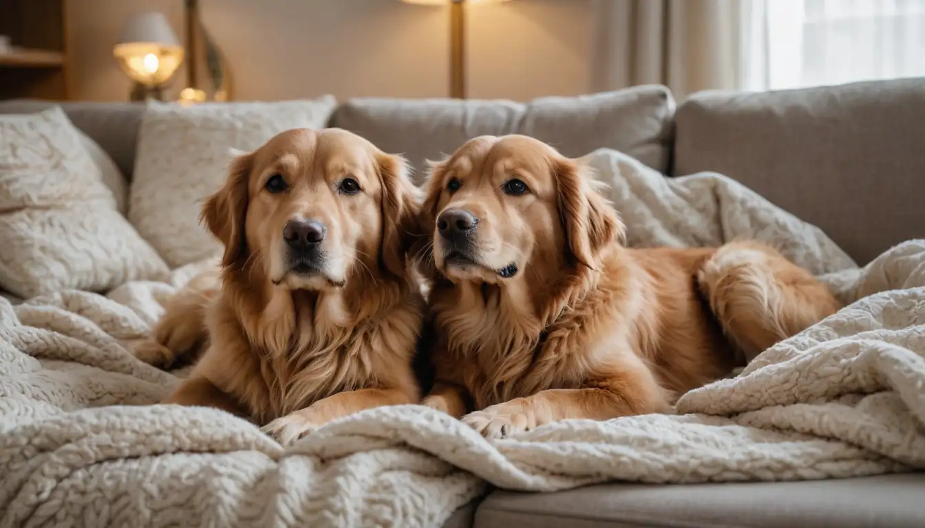2-3 cute dogs, curly-haired breeds, golden retriever-like breed, snuggled up together, surrounded by pillows, soft blankets, and plush toys, a cozy living room or bedroom scene