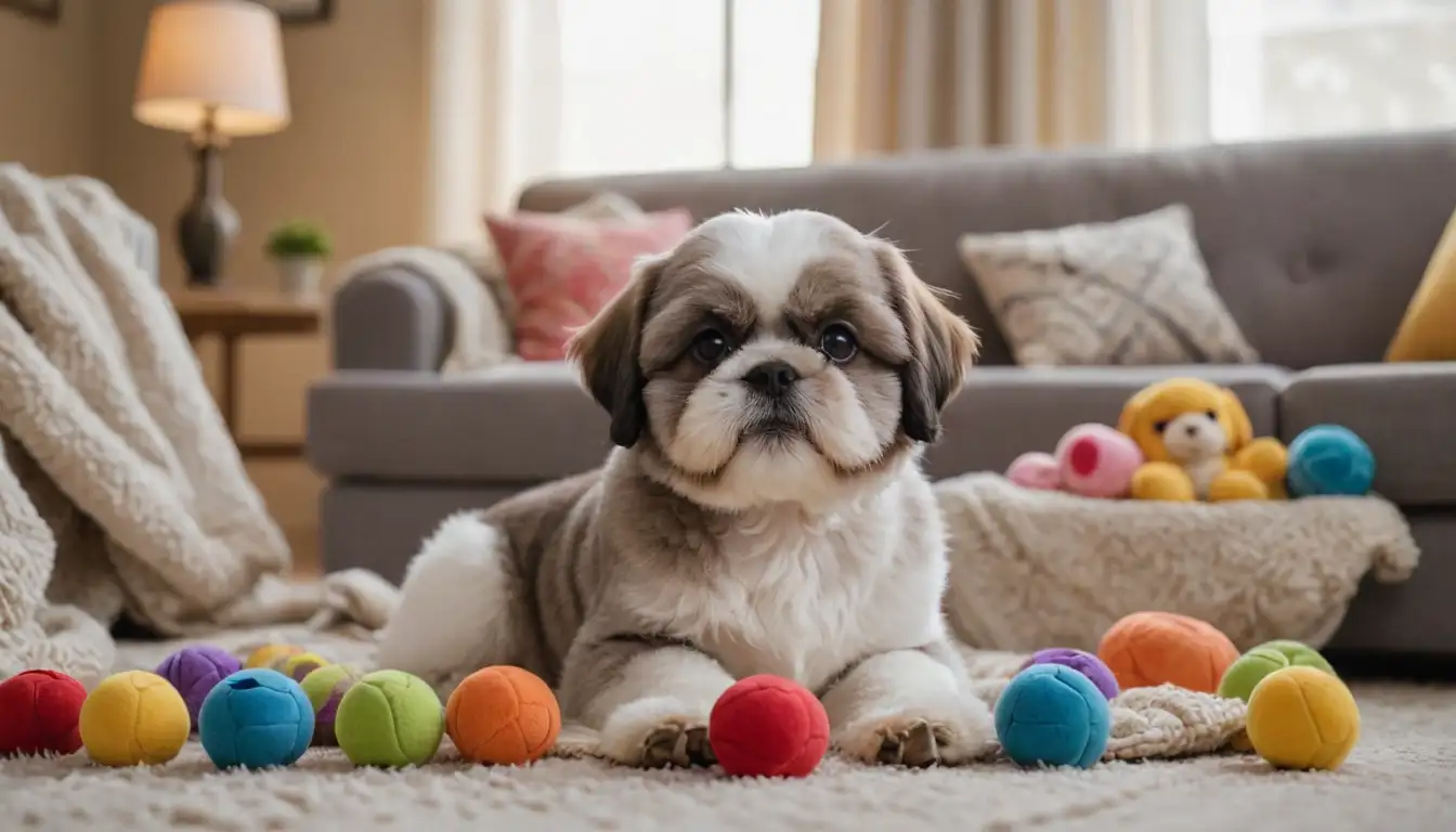 3 adorable Shih Tzus surrounded by colorful toys, cuddly pillows, and treats, with a blurred background of a warm living room, featuring a soft blanket, plush chairs, and a few favorite toys, with a hint of sunlight coming through the window