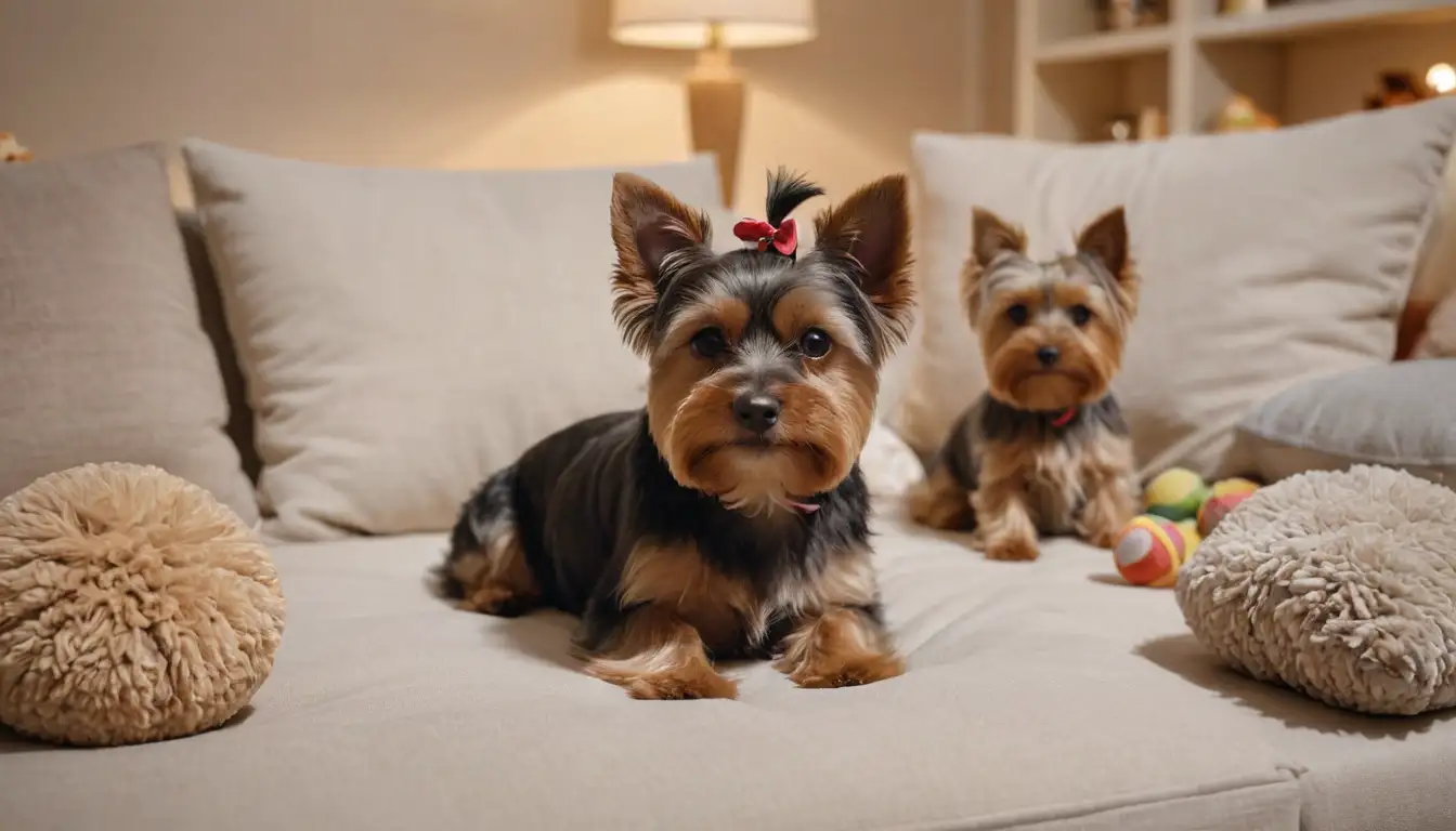 3 dogs in foreground with balls and toys, one Yorkshire Terrier sitting on cushion surrounded by pillows with stuffed animals, warm beige color tone, soft lighting
