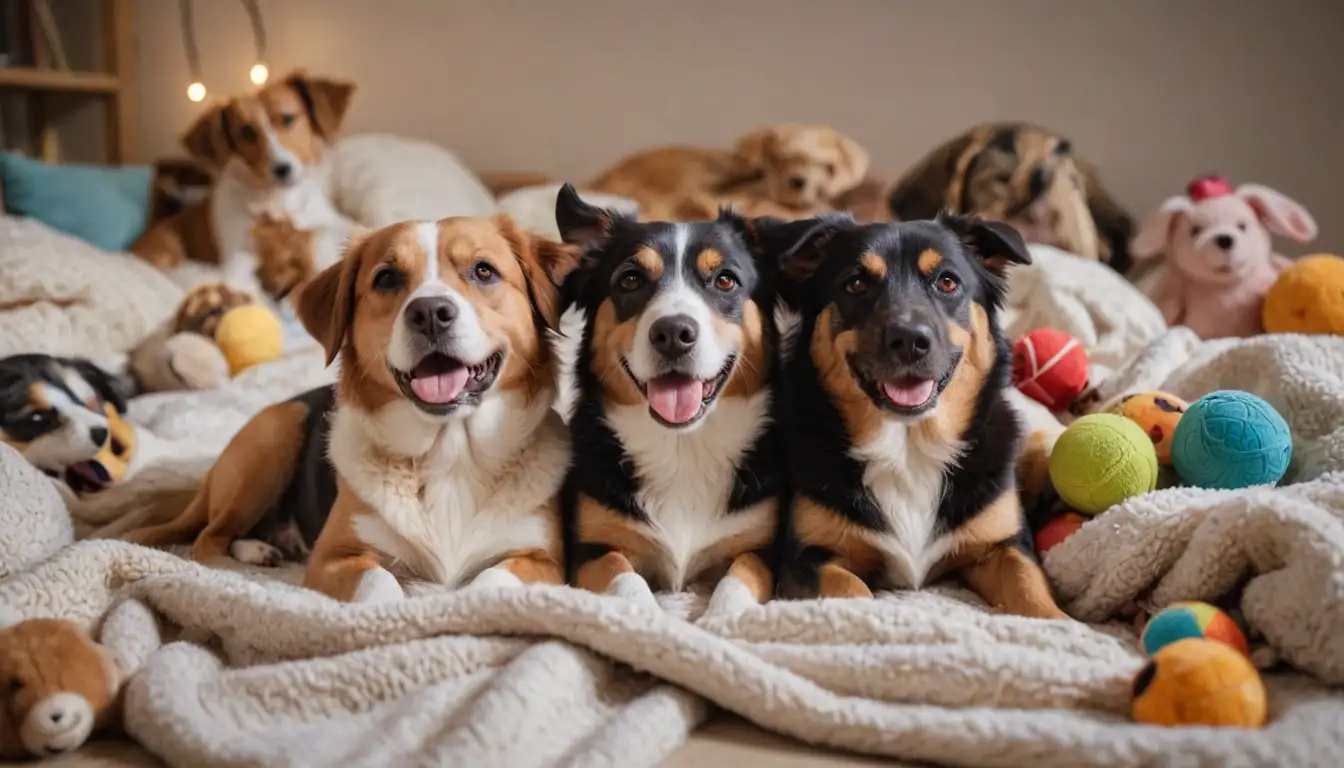 2-3 happy dogs, diverse breeds, playing fetch, snuggled up, big brown eyes, wagging tails, soft fur, cute faces, joyful expressions, hugging each other, surrounded by toys and blankets