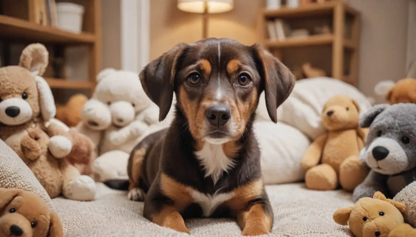 Sweet-looking dog with floppy ears, big brown eyes, and a gentle expression, surrounded by cuddly toys or soft fabrics, possibly in a cozy indoor setting, with a warm color palette