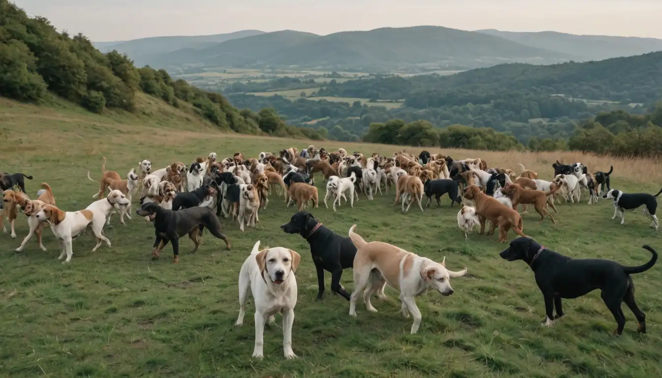 3-4 hound breeds, various colors, earth tones, natural settings, landscape or terrain features like hills, forests, or fields, and possibly some humans in the background or interacting with the dogs