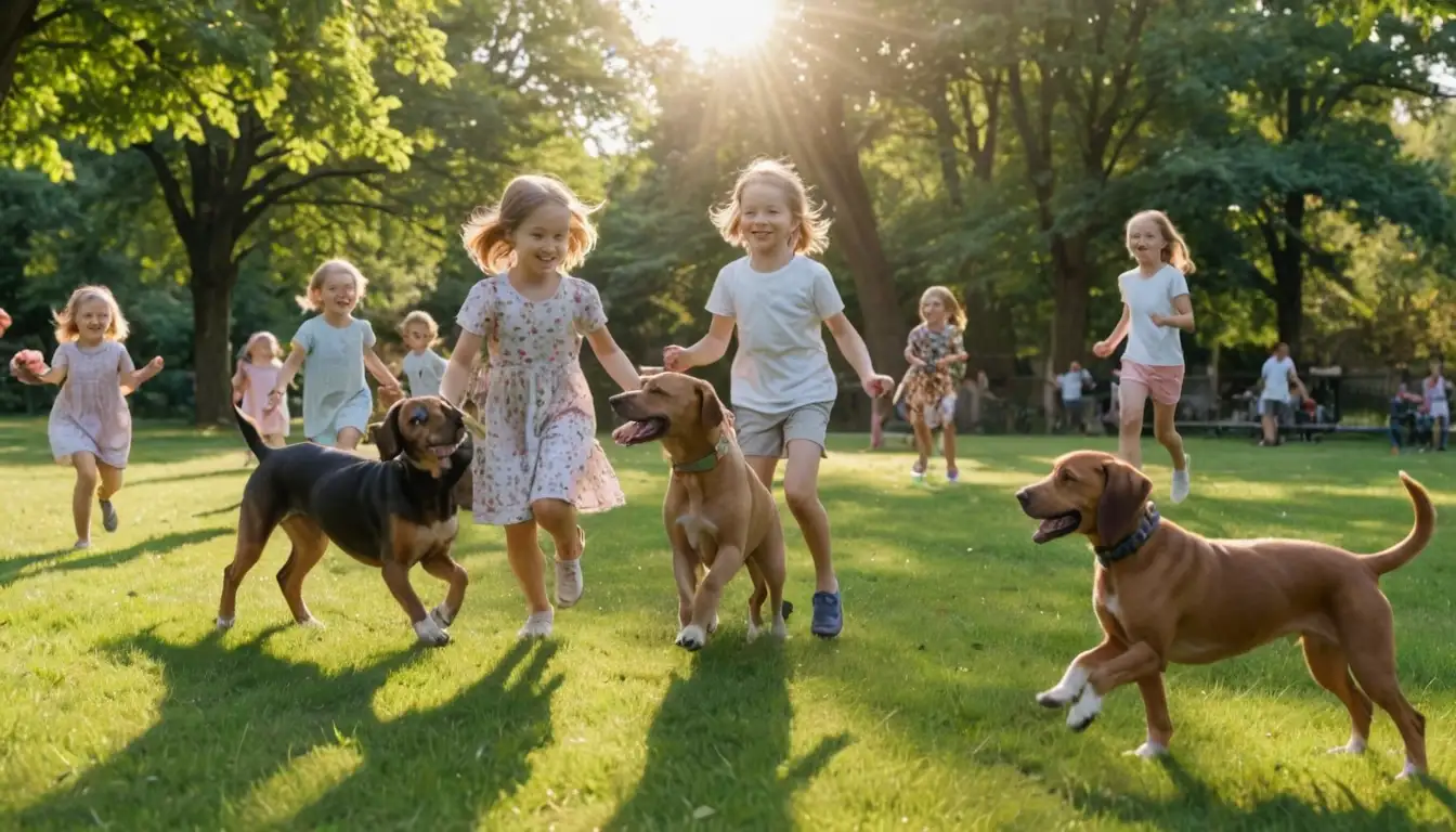 15 breeds of Scent Hounds with children and other animals playing together outdoors, such as in a park or backyard, surrounded by trees, flowers, and greenery, with warm sunlight and happy smiles