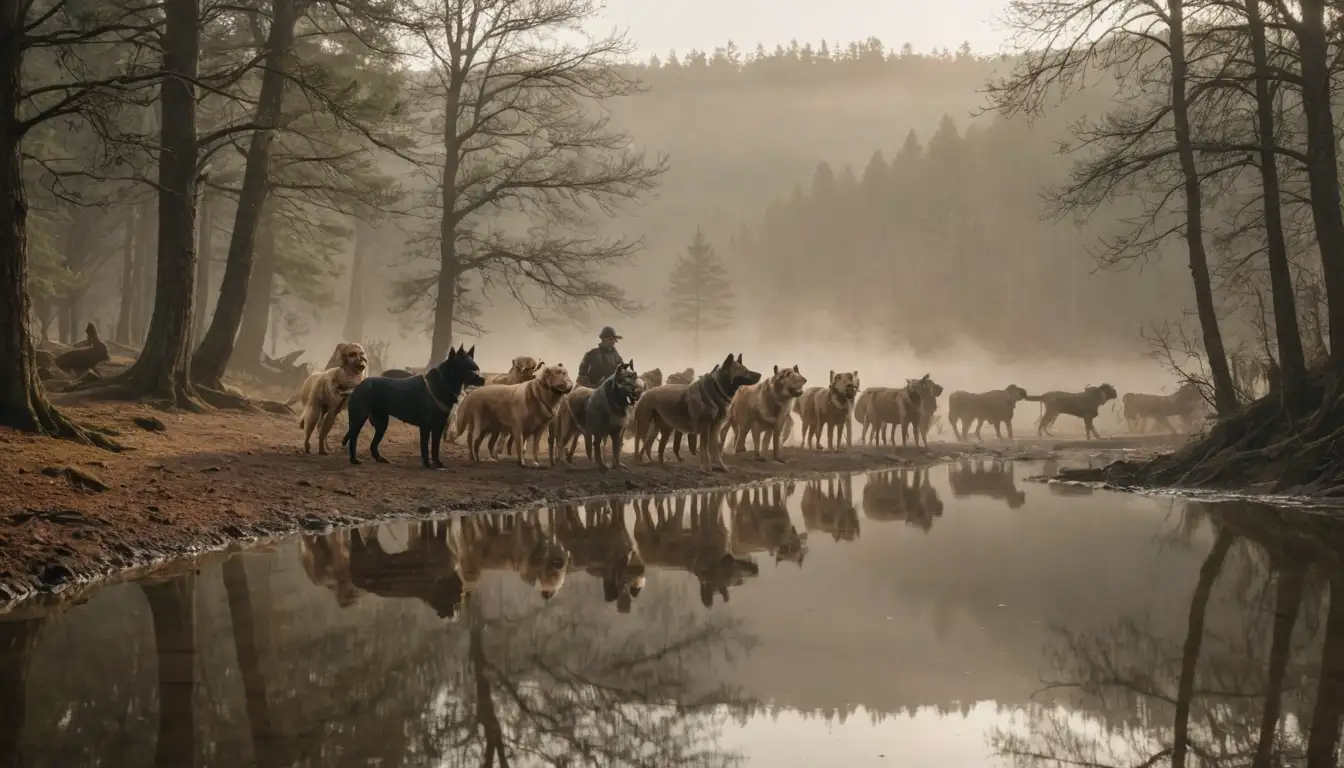 1-2 large dogs, rugged terrain, earthy tones, trees, mist or fog, natural setting, perhaps a hunter or rider in the distance, warm lighting, rustic atmosphere, subtle water reflections