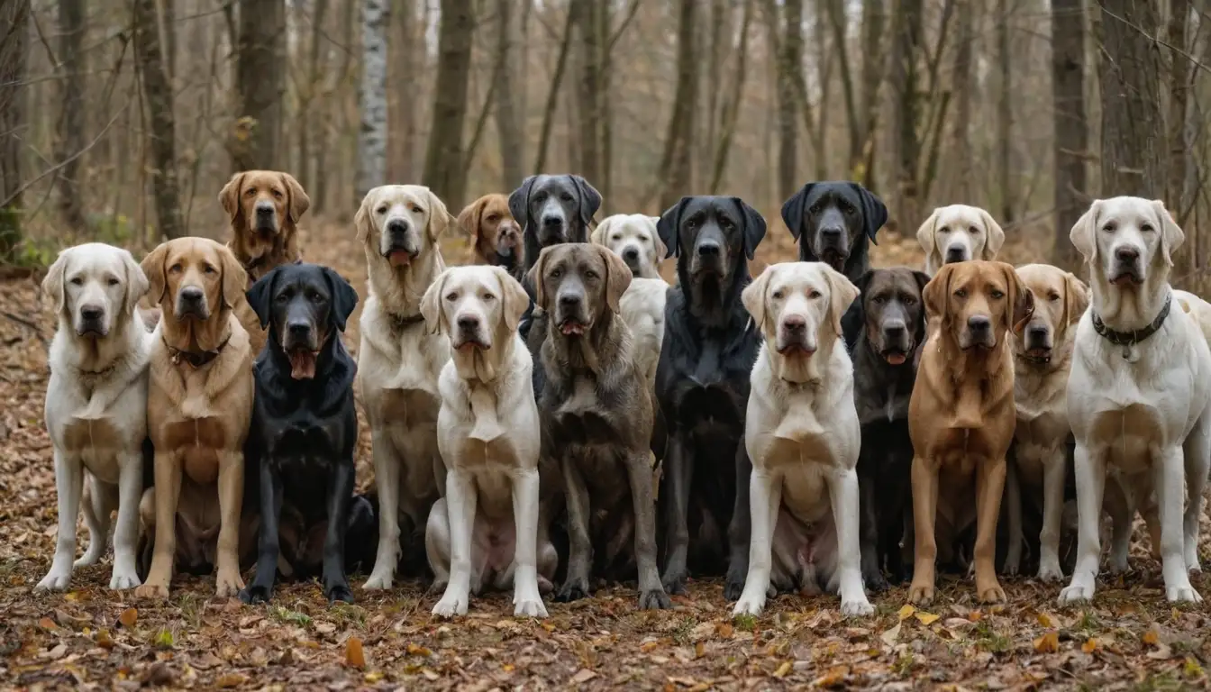 3-5 breeds of large hunting dogs, possibly in a natural setting like woods or meadow, with varying coat colors and textures, perhaps one breed is looking directly at camera, others are alert, moving or sitting down, capturing energetic and active vibe of hunting Sabuesos