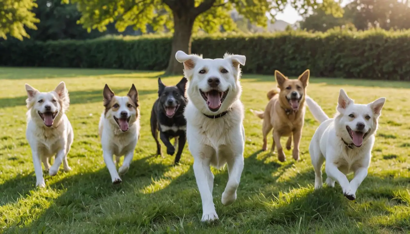 3-4 happy dogs playing fetch, one sitting with tongue out, others sniffing around, bright sunlight, green grassy field, maybe a tree or two in background