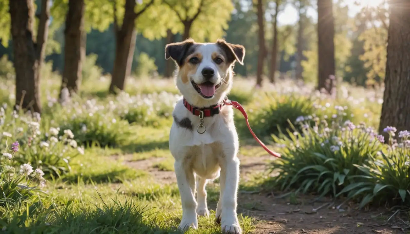 A playful, curious dog standing on its hind legs, surrounded by a blurred background of trees or flowers, with a leash and collar in focus, a bright sun shining down, and the dogs paws slightly parted to reveal a hidden treat or toy
