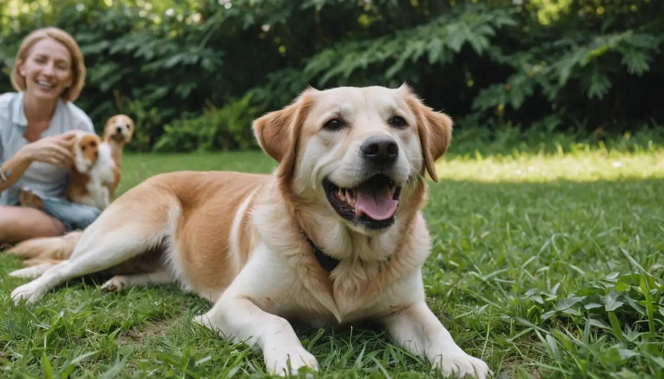 happy dog sitting or lying down outdoors, surrounded by greenery, with a person (perhaps a family member) in the background, maybe playing fetch or giving treats, conveying a sense of trust and companionship