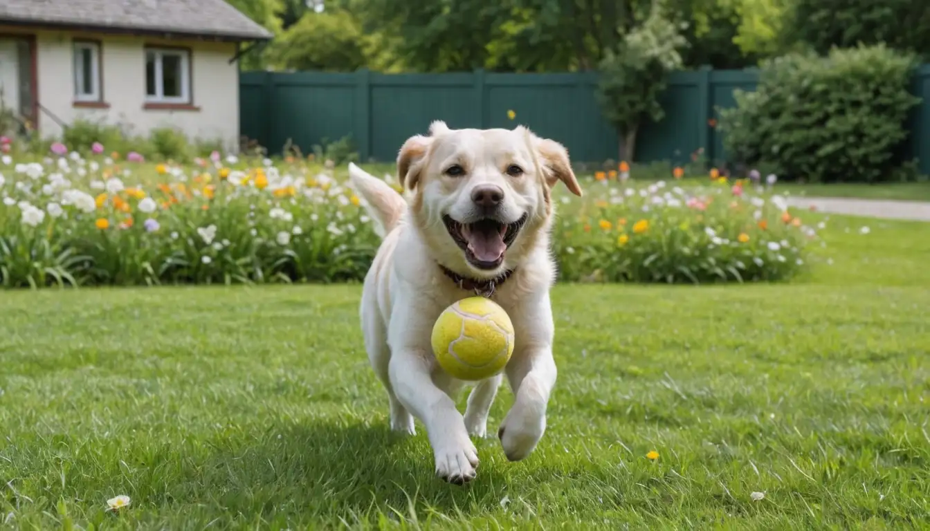 a happy, energetic dog playing with a ball in a sunny park, surrounded by green grass and blooming flowers, with a hint of a house or fence in the background, capturing a moment of joyful freedom